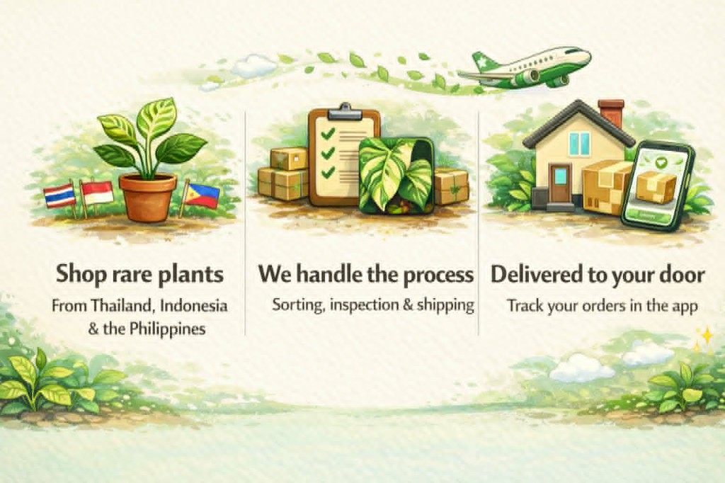 How it works: shop rare plants from Thailand, Indonesia and the Philippines; we handle sorting, inspection and shipping; delivered to your door with order tracking in the app.
