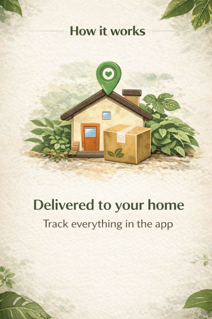 Delivered to your home — track everything in the app. House, delivery box and map pin illustration.