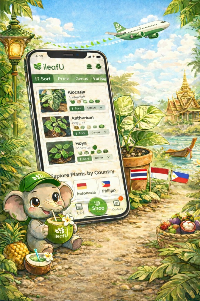 ileafU app in a tropical scene with Southeast Asia flags, browse plants by country, and shop navigation